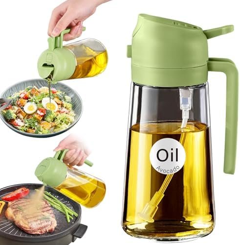 YARRAMATE 16oz/470ml Glass Olive Oil Sprayer for Cooking with Stickers, 2 in 1 Oil Dispenser for Kitchen Gadgets, Food Grade Premium Spray Bottle with Portion Control for Salad, Frying, BBQ (Green)